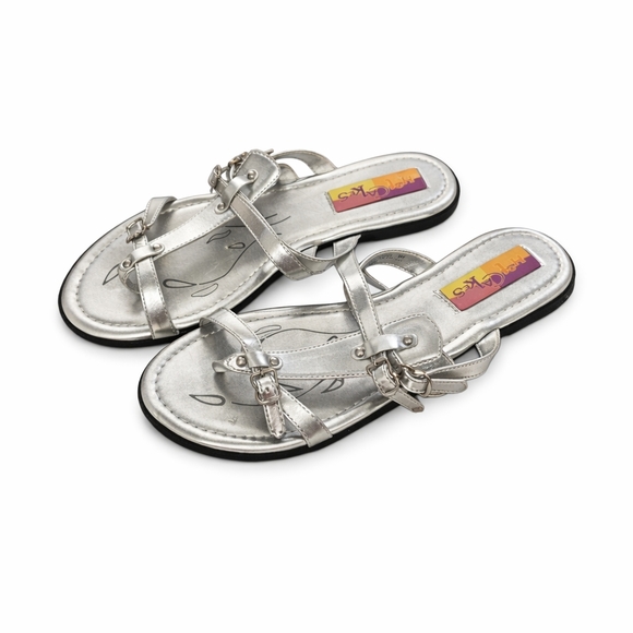 Hot Cakes Shoes - Hot Cakes Athena Silver Strappy Sandals Size 9 Metallic Buckle Flat